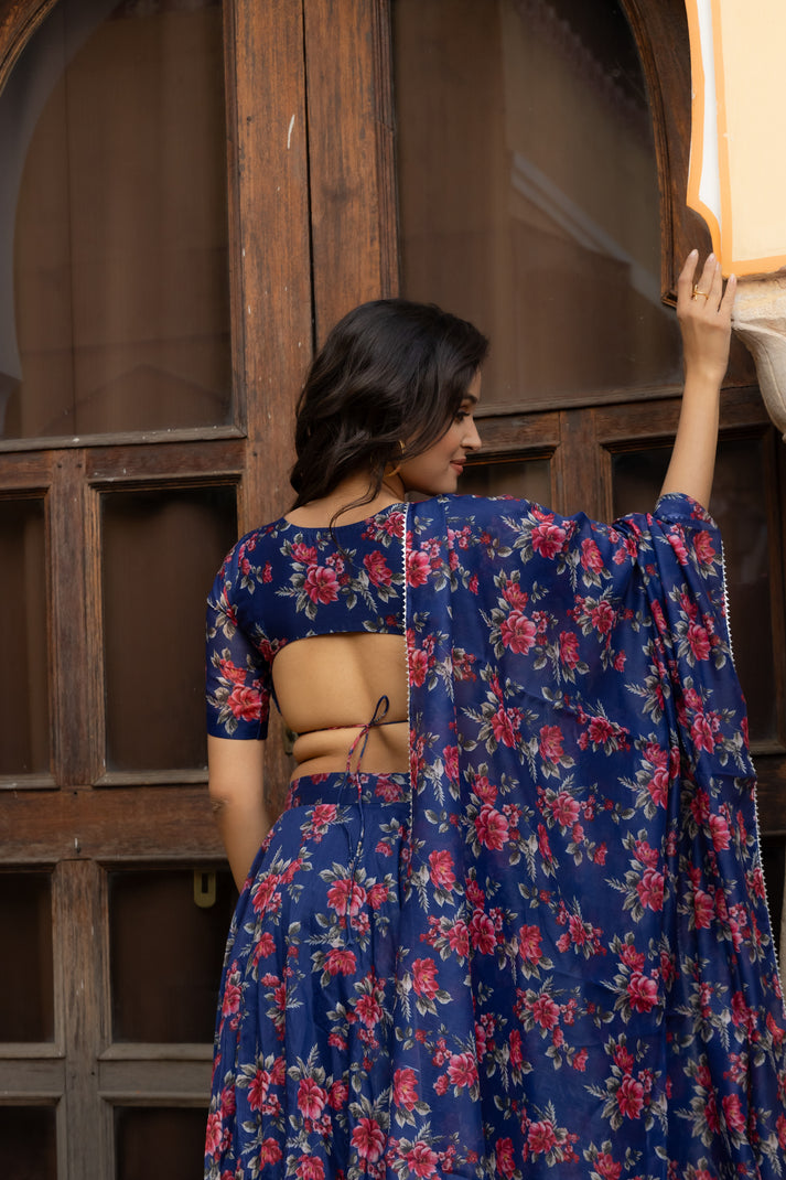CY Deasha India Saira Blue Floral Printed Lehenga Set Back 2