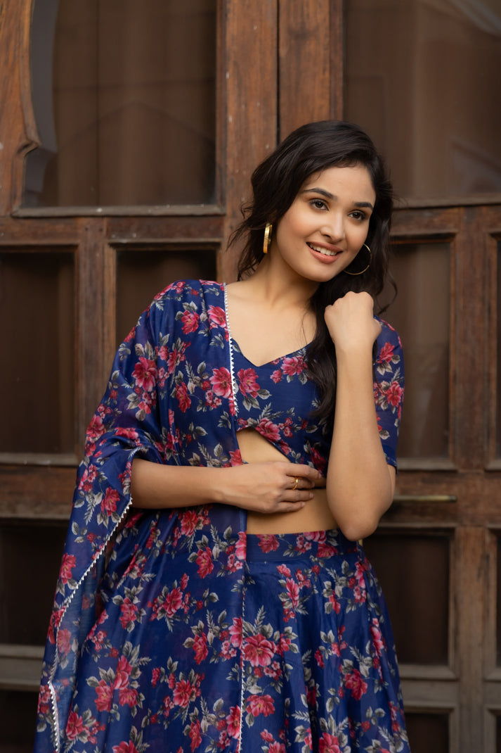 CY Deasha India Saira Blue Floral Printed Lehenga Set Closeup 1