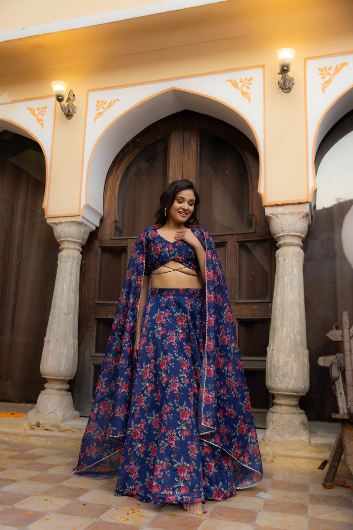 CY Deasha India Saira Blue Floral Printed Lehenga Set Front 1