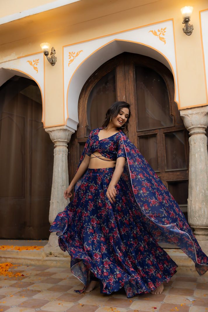 CY Deasha India Saira Blue Floral Printed Lehenga Set Front 2