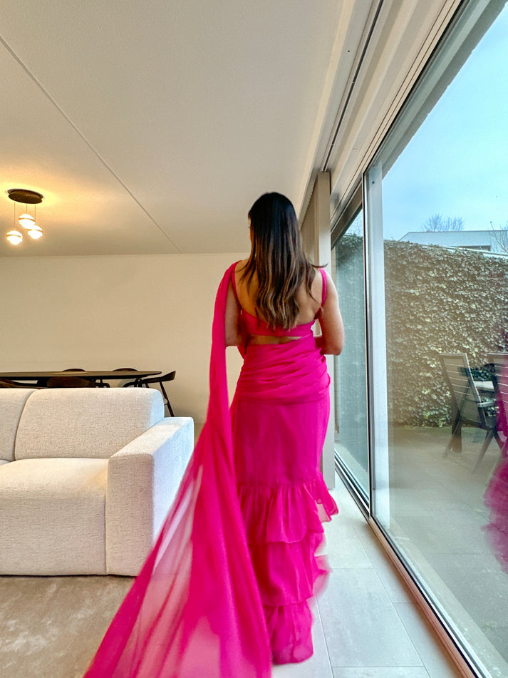 CY Deasha India Urvika Magenta Pink Ruffle Saree Back 2