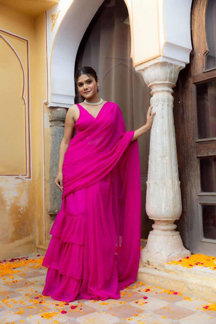 CY Deasha India Urvika Magenta Pink Ruffle Saree Front 1
