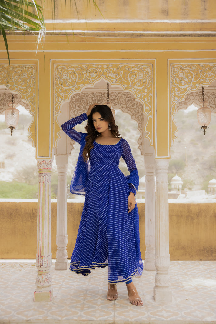 blue bandhani dress Ambraee Royal Blue Bandhani Chiffon Maxi Dress for Women | V-Neck Bell Sleeve Flowy Dress