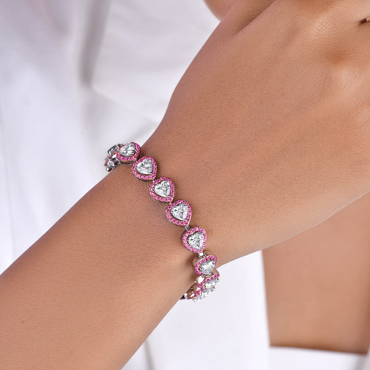 CY Diosa Paris Heart Shaped White And Round Cut Pink Swarovski Zirconia Halo Bracelet Front 1
