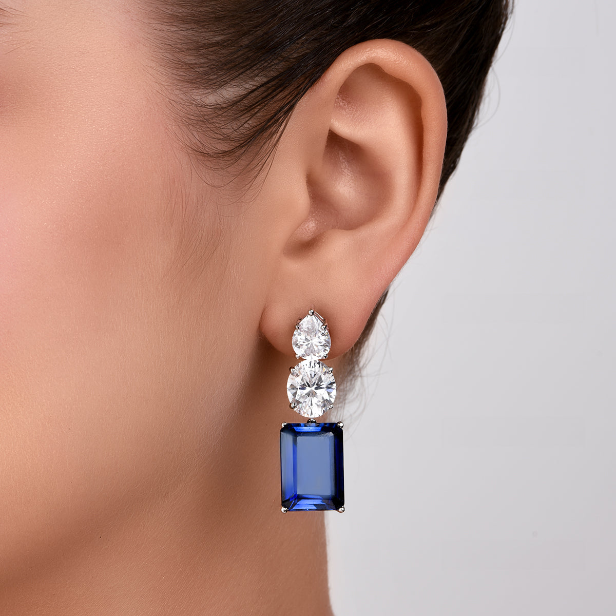 Man-Made Emerald Cut Blue Sapphire And White Swarovski Zirconia Earrin