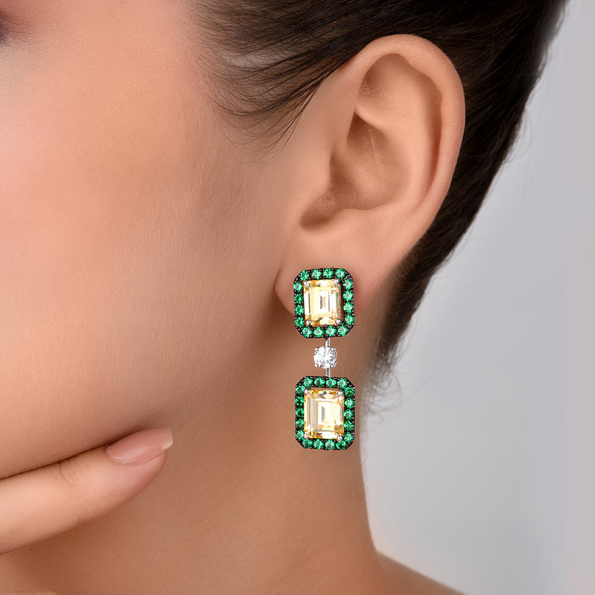 CY Diosa Paris Man-Made Green Emerald And Swarovski Zirconia Earrings Front 1