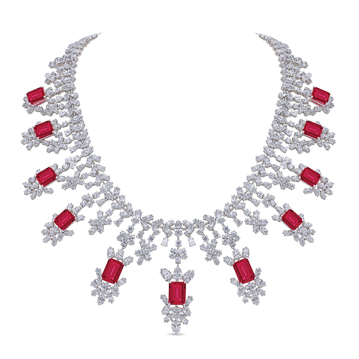 CY Diosa Paris Man-Made Octagon Sahped Ruby And White Swarovski Zirconia Necklace Front 2
