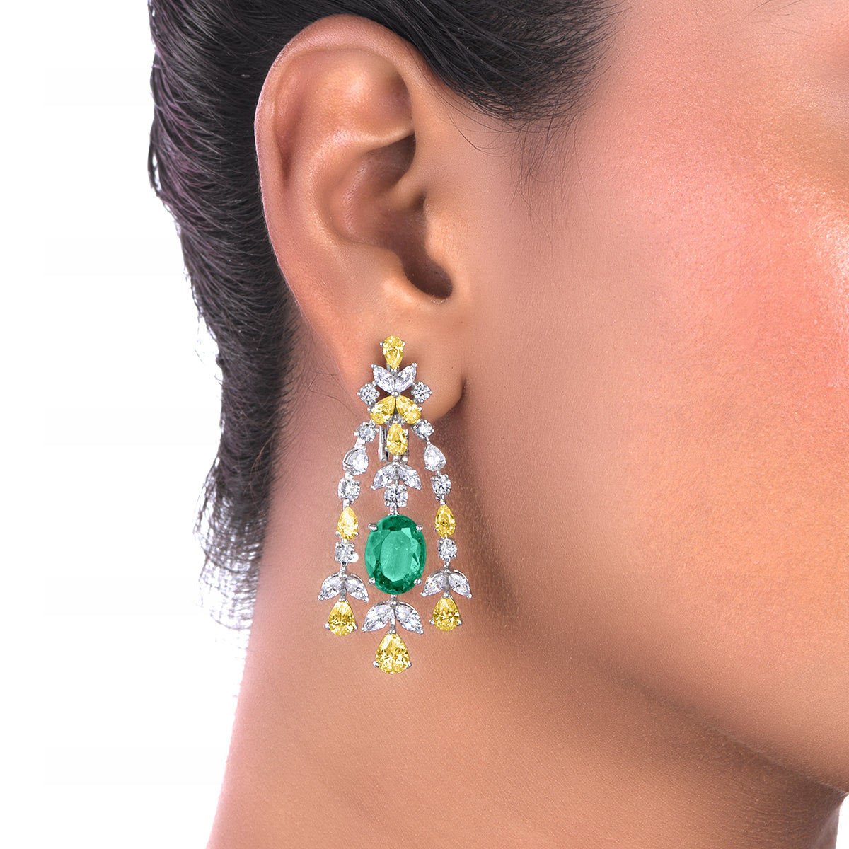 CY Diosa Paris Man-Made Oval Cut Green Emerald And Swarovski Zirconia Bridal Earrings Front 1