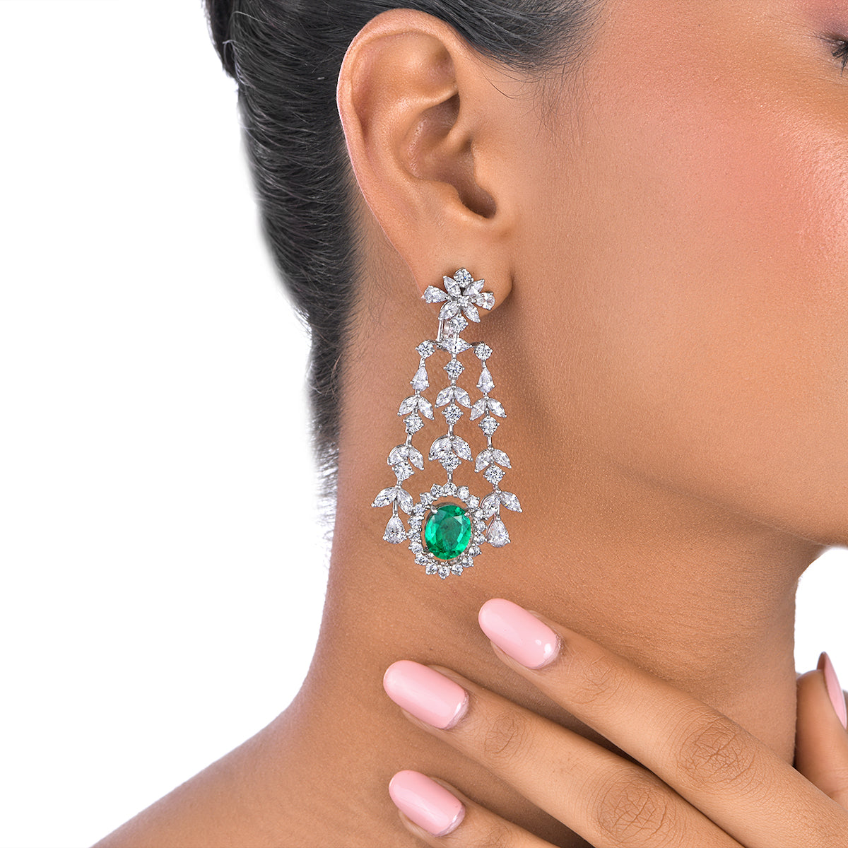 CY Diosa Paris Man-Made Oval Cut Green Emerald And White Swarovski Zirconia Earrings Front 1