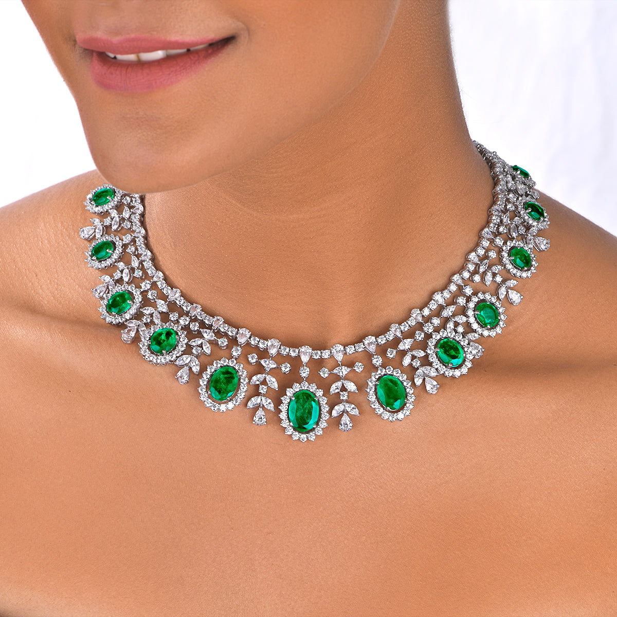 CY Diosa Paris Man-Made Oval Cut Green Emerald And White Swarovski Zirconia Necklace Front 1