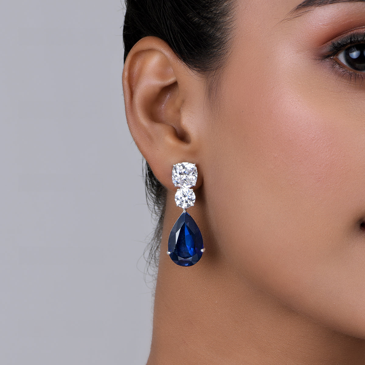 CY Diosa Paris Man-Made Pear Cut Blue Sapphire And White Swarovski Zirconia Classic Earrings Front 1