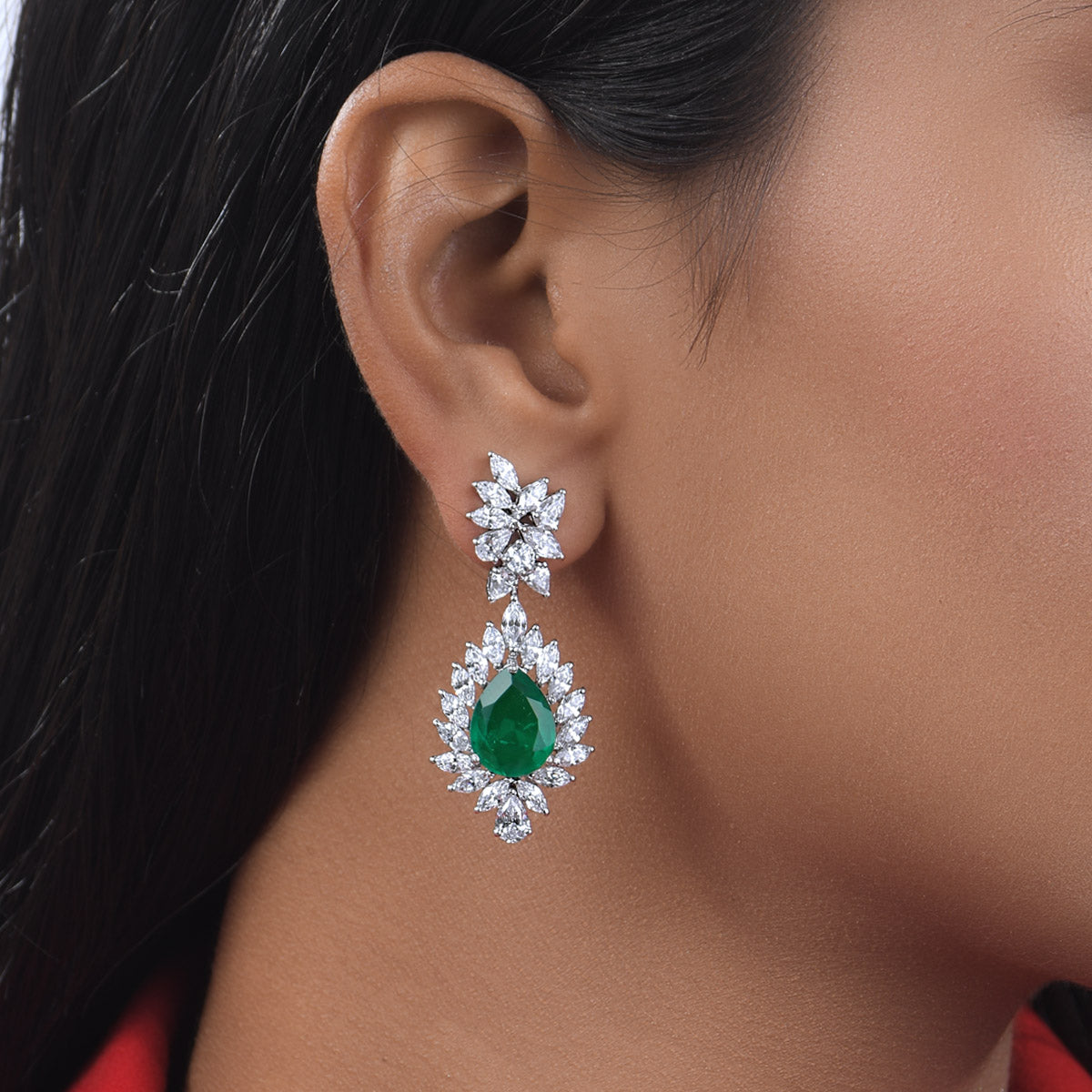 CY Diosa Paris Man-Made Pear Cut Emerald And Mix Shaped White Swarovski Zirconia Earrings Front 1