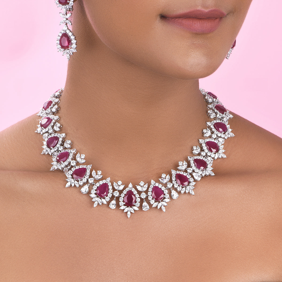 CY Diosa Paris Man-Made Pear Cut Ruby And White Swarovski Zirconia Necklace Front 1