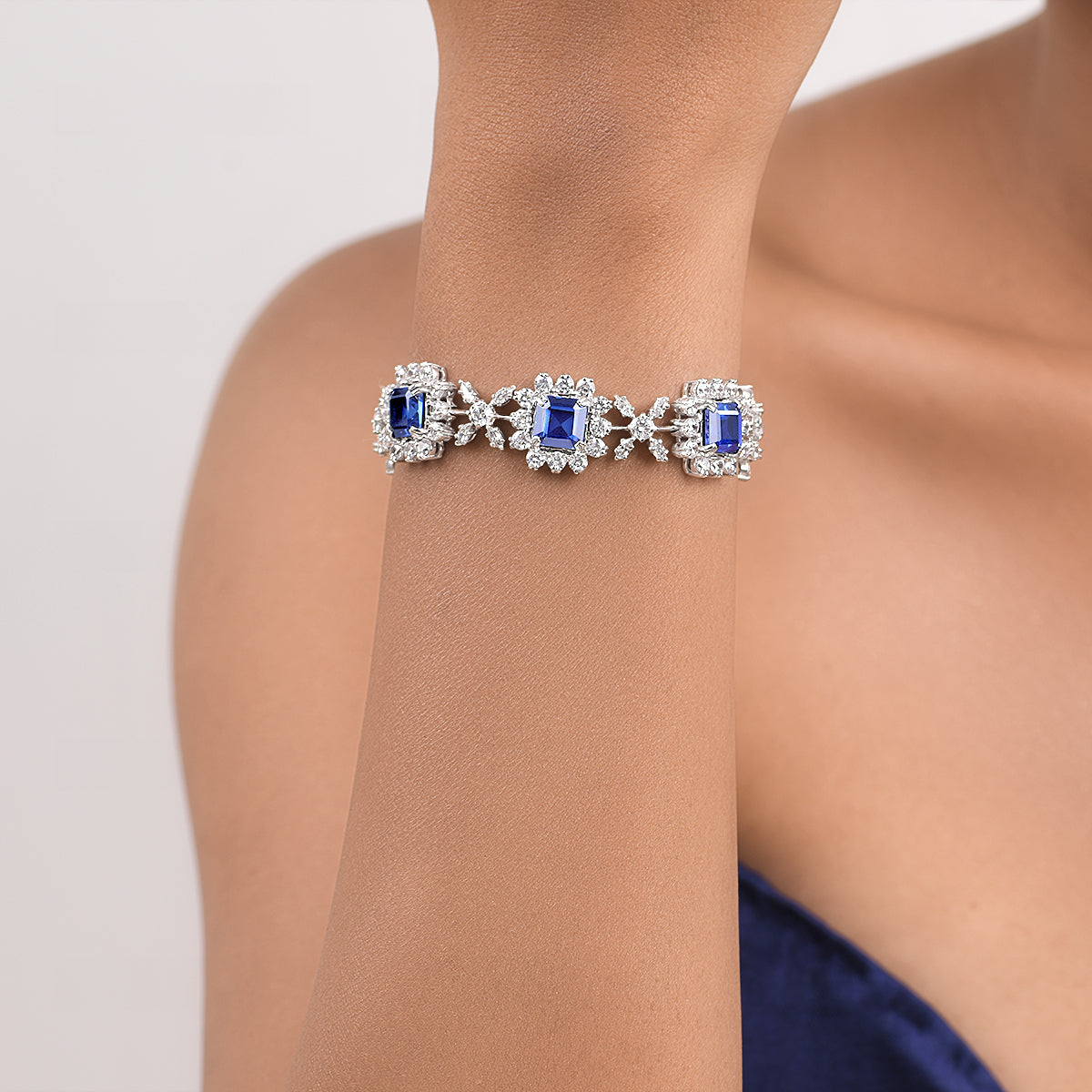 CY Diosa Paris Man-Made Princess Cut Sapphire And White Swarovski Zirconia Cuff Bracelet Front 1