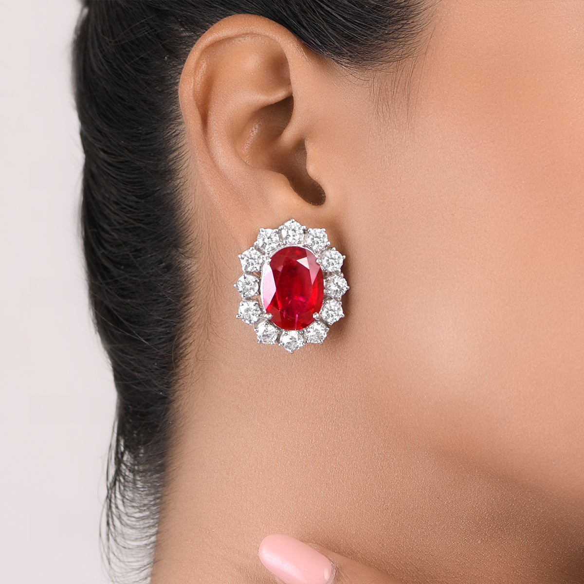 CY Diosa Paris Man-Made Red Ruby And White Swarovski Zirconia Earrings Front 1