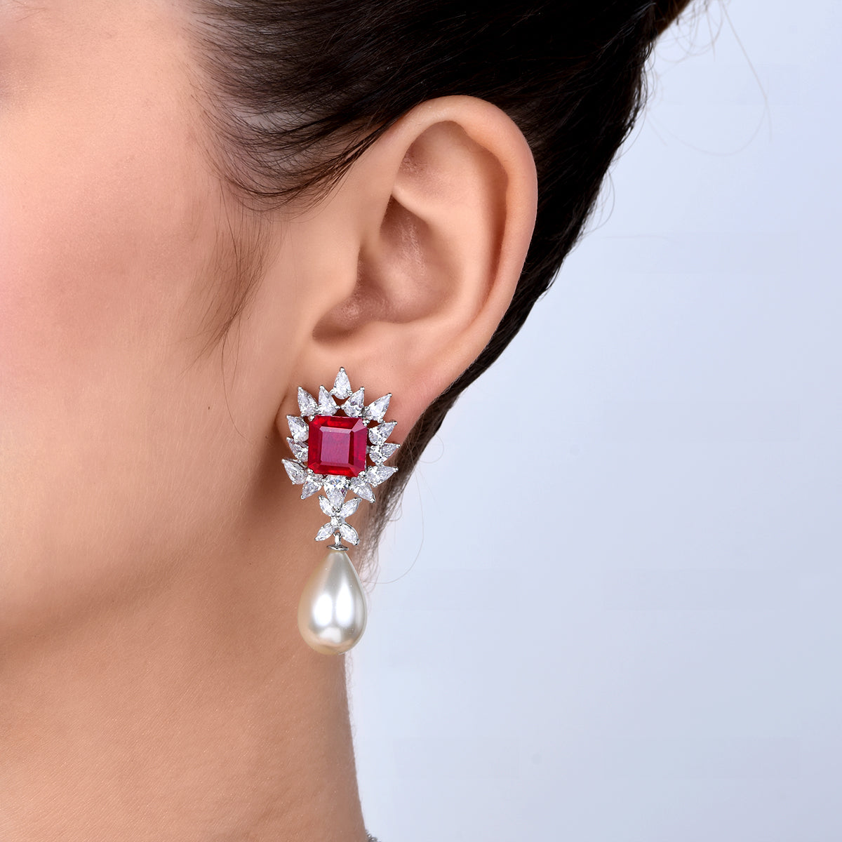 CY Diosa Paris Man-Made Red Ruby With White Korean Pearl And White Swarovski Zirconia Earrings Front 1