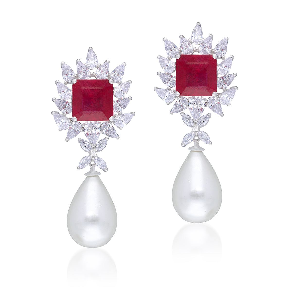 CY Diosa Paris Man-Made Red Ruby With White Korean Pearl And White Swarovski Zirconia Earrings Front 2
