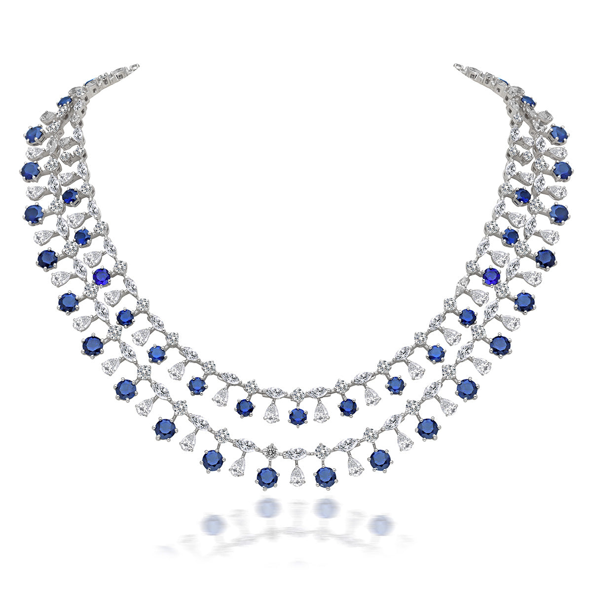 CY Diosa Paris Man-Made Sapphire And White Swarovski Zirconia Layered Necklace Front 2