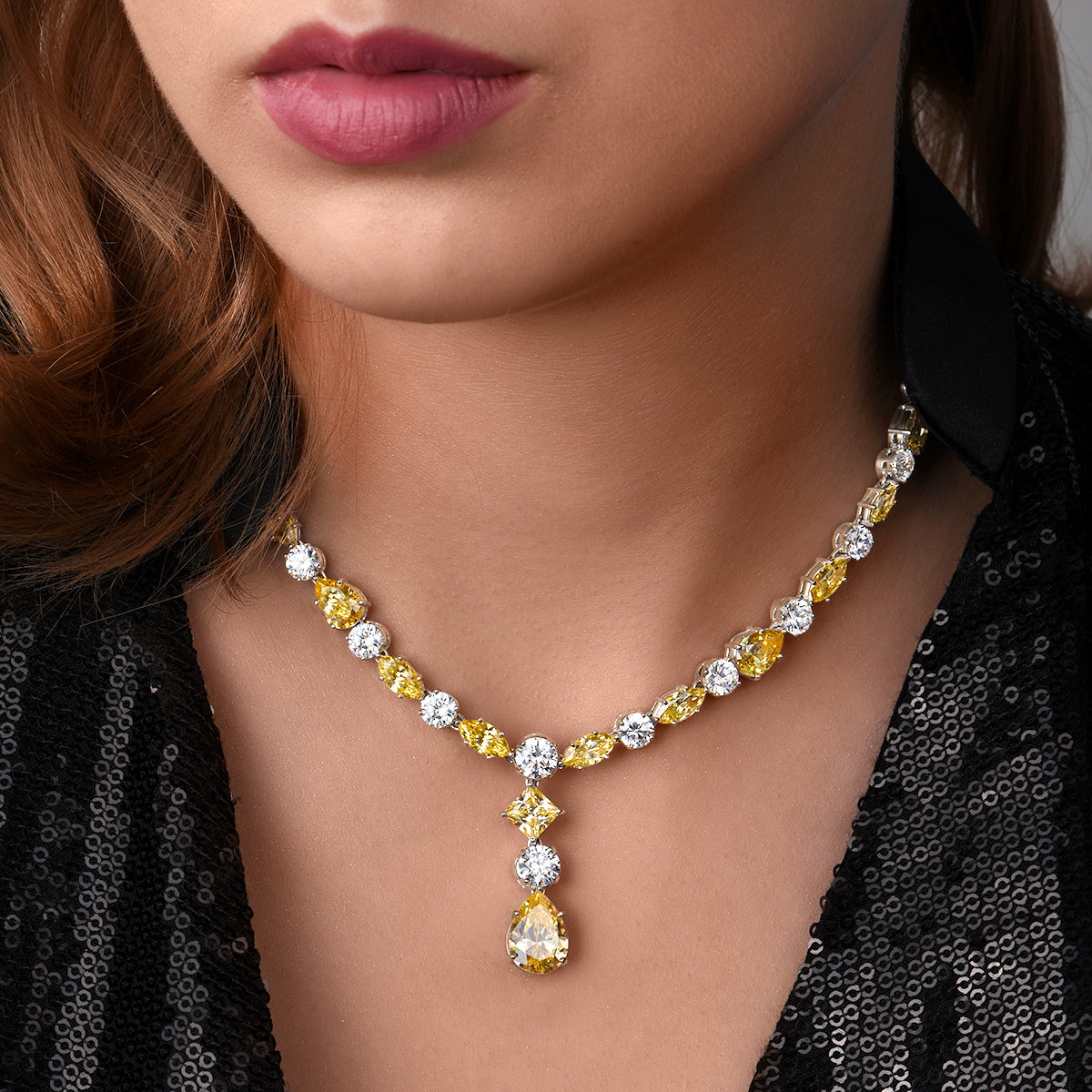 CY Diosa Paris Mix Shaped White And Yellow Swarovski Zirconia Classic Necklace Front 1