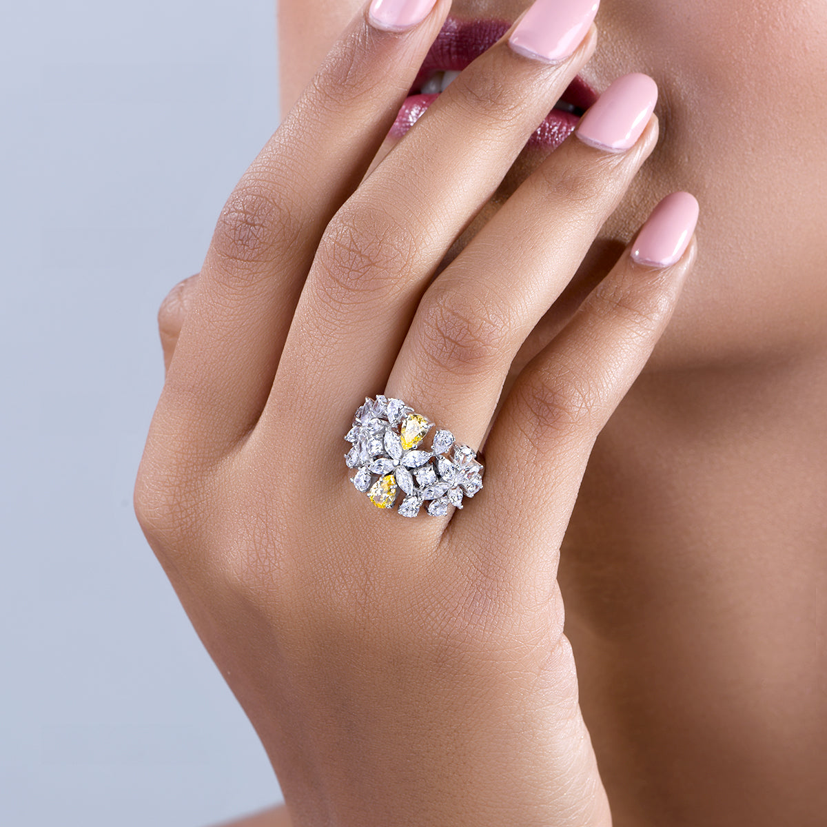 CY Diosa Paris Mix Shaped Yellow And White Swarovski Zirconia Cocktail Ring Front 1