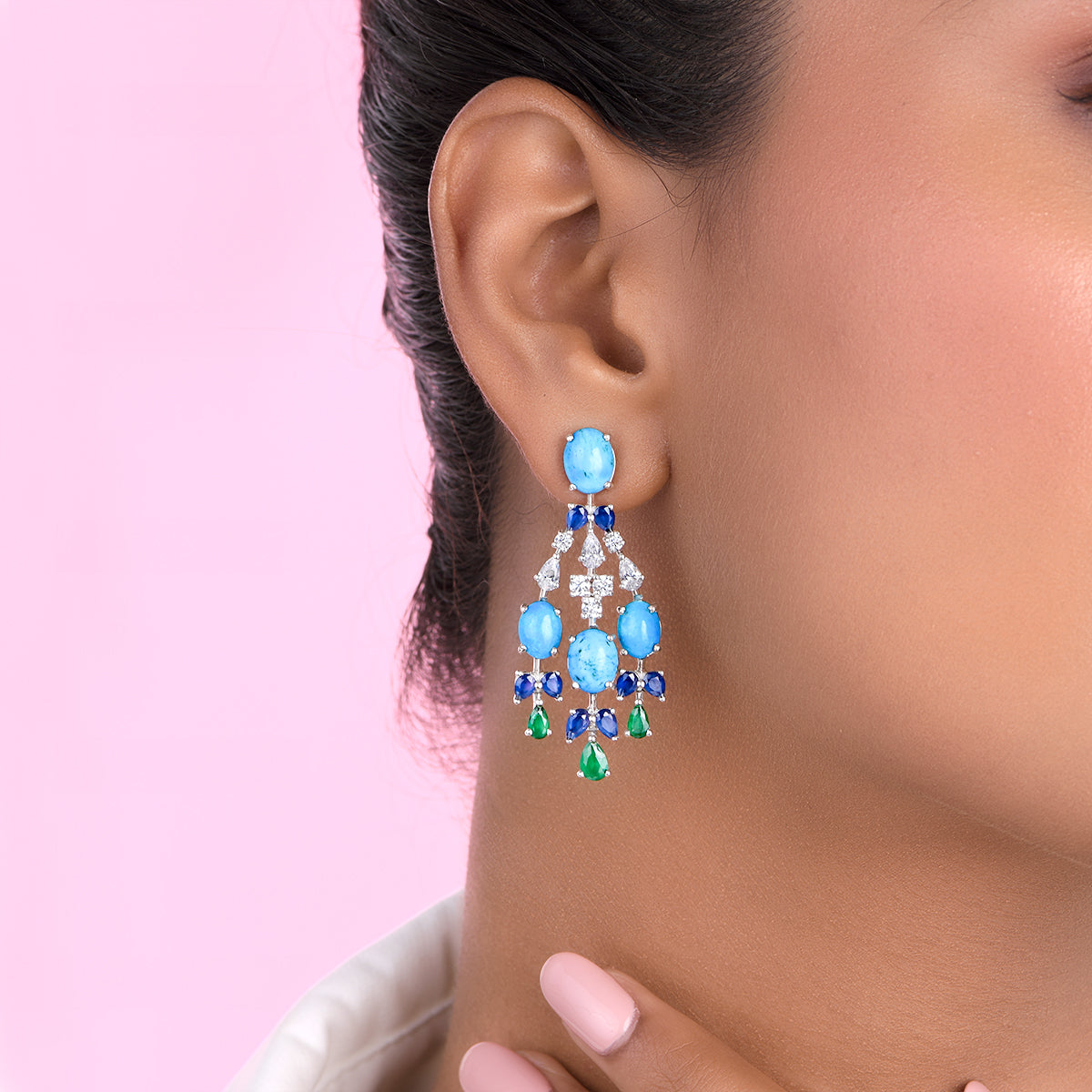 CY Diosa Paris Multi Colour Man-Made Stones And White Swarovski Zirconia Earrings Front 2