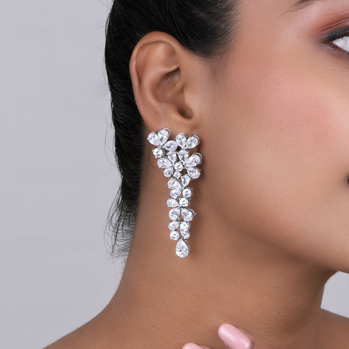 CY Diosa Paris Pear And Round Cut White Swarovski Zirconia Earrings Front 1