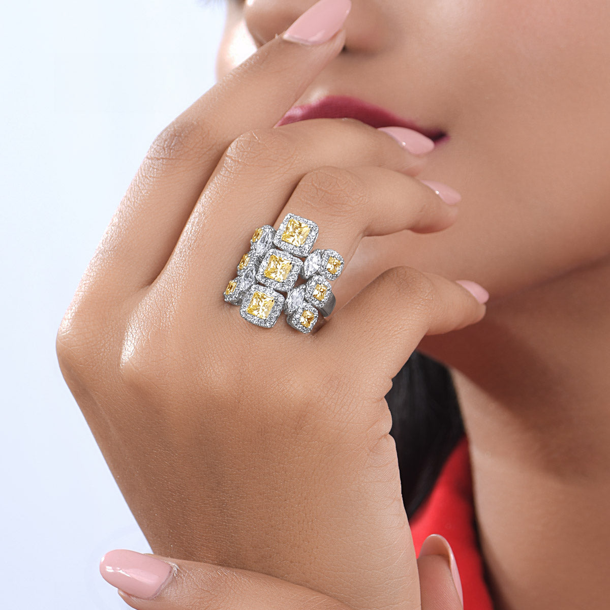 CY Diosa Paris Princess Cut Yellow And Mix Shaped White Swarovski Zirconia Ring Front 1