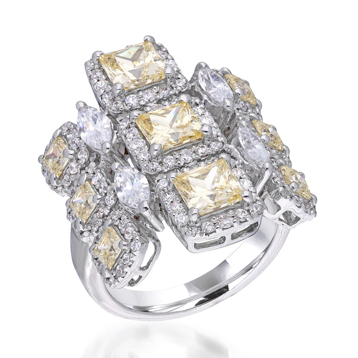 CY Diosa Paris Princess Cut Yellow And Mix Shaped White Swarovski Zirconia Ring Front 2