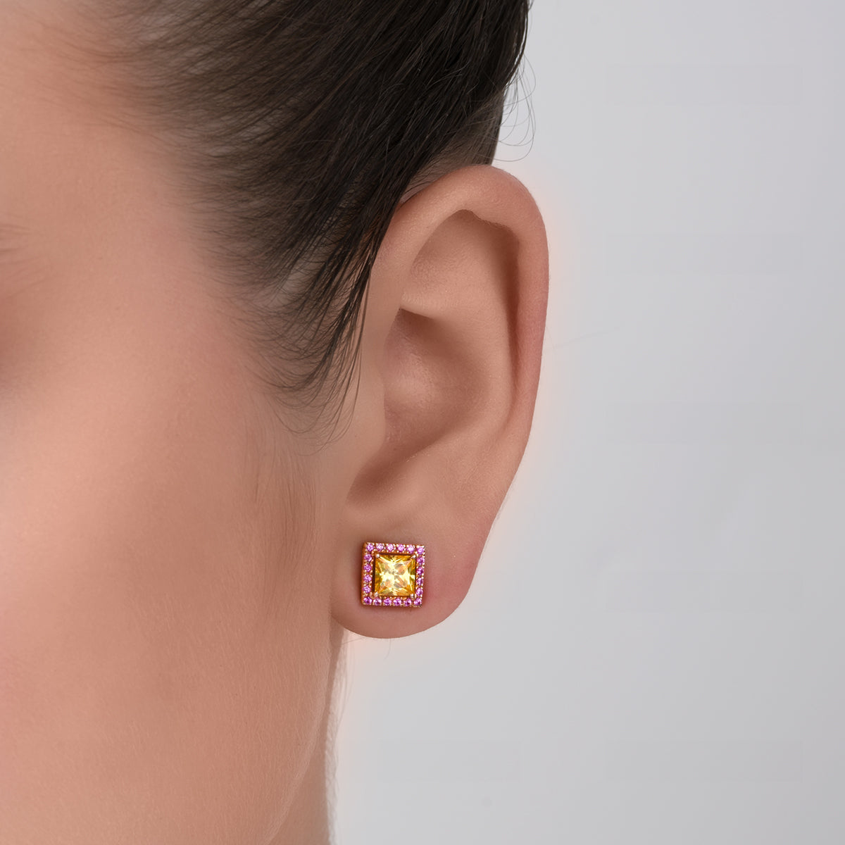 CY Diosa Paris Princess Cut Yellow And Pink Swarovski Zirconia Studs Front 1