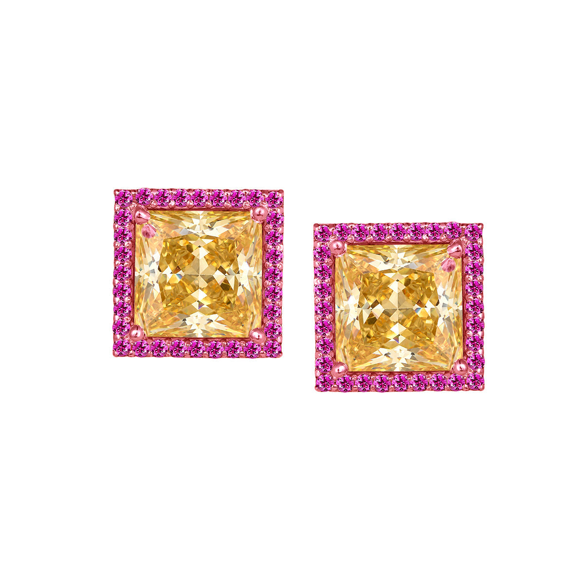 CY Diosa Paris Princess Cut Yellow And Pink Swarovski Zirconia Studs Front 2