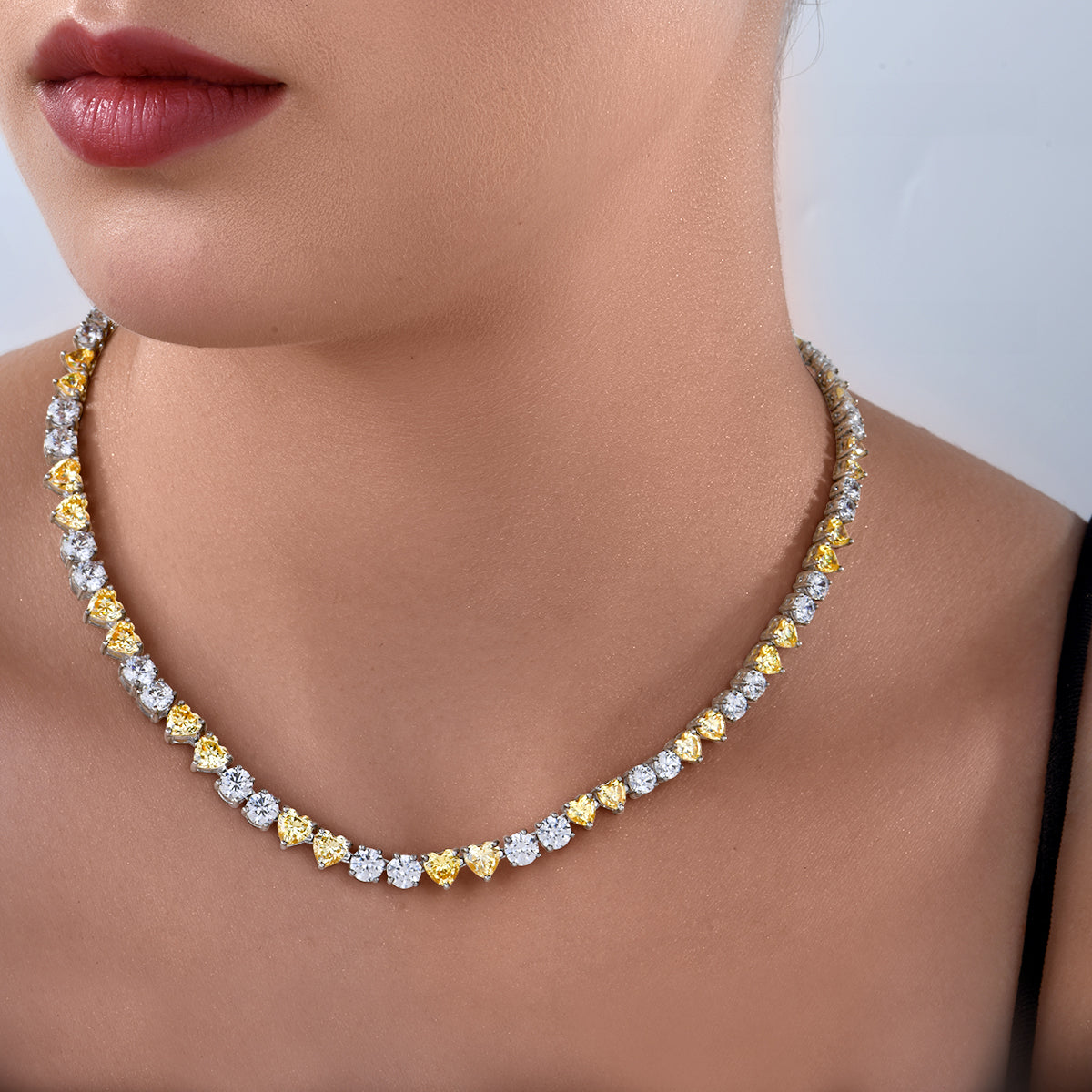 CY Diosa Paris Round And Heart Shaped White And Yellow Swarovski Zirconia Solitaire Necklace Front 1