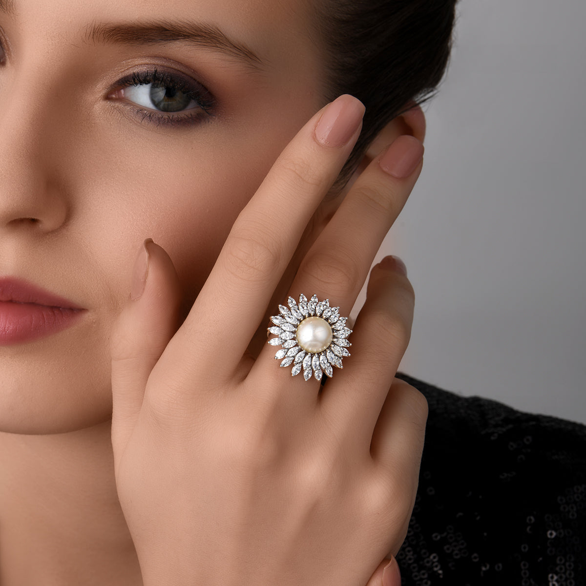 CY Diosa Paris Round White Korean Pearl And Marquise Shaped White Swarovski Zirconia Stone Front 1