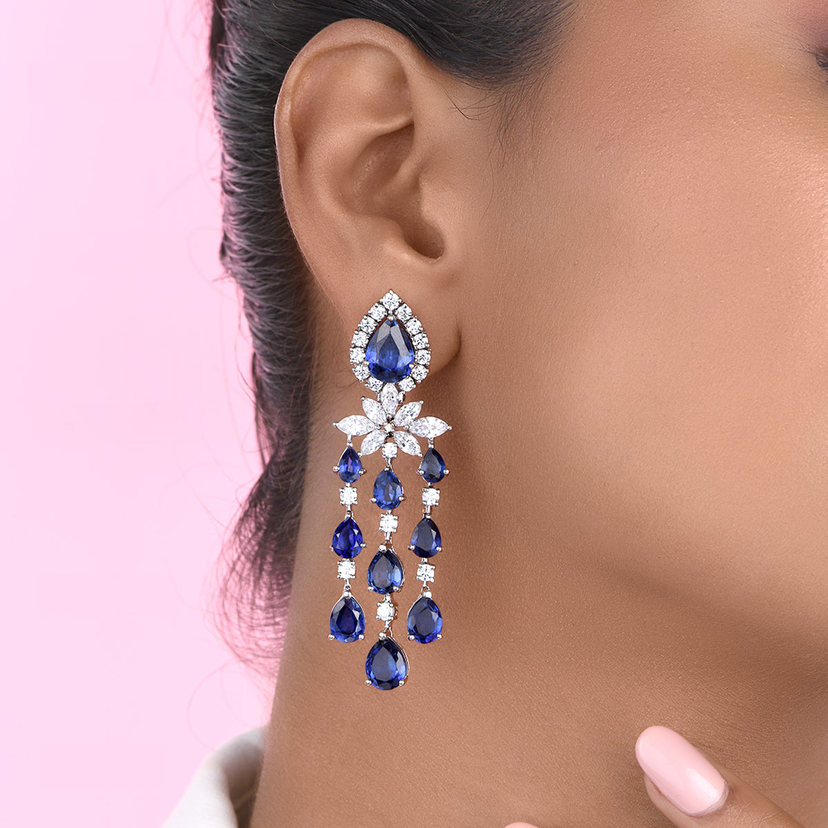 CY Diosa Paris Synthetic Blue Sapphire And White Swarovski Zirconia Earrings Front 1