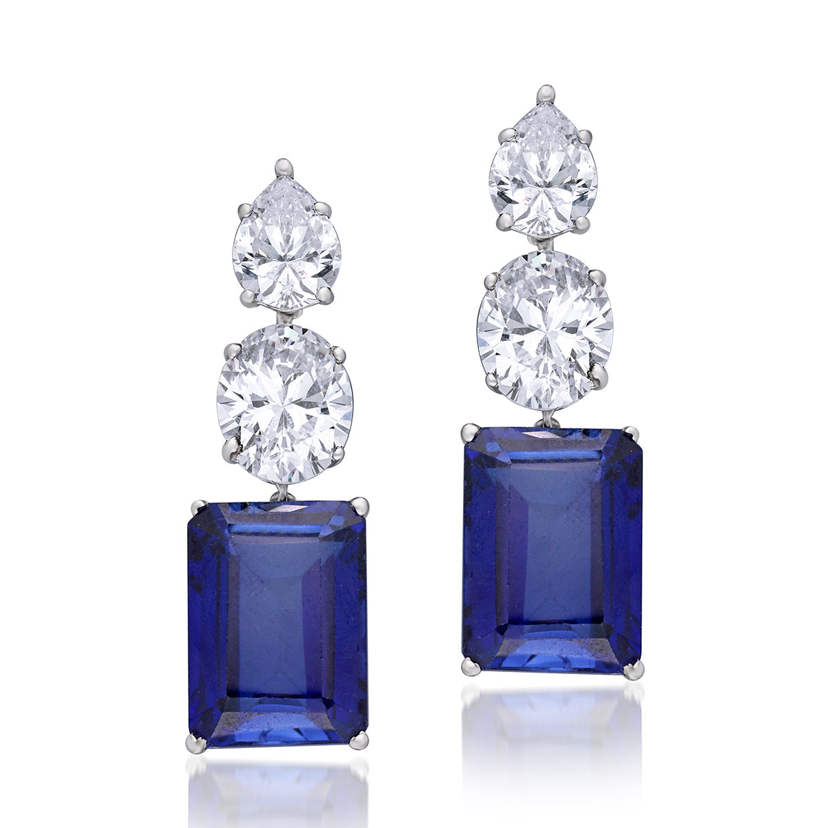 CY Diosa Paris Synthetic Emerald Cut Blue Sapphire And White Swarovski Zirconia Earrings Front 2