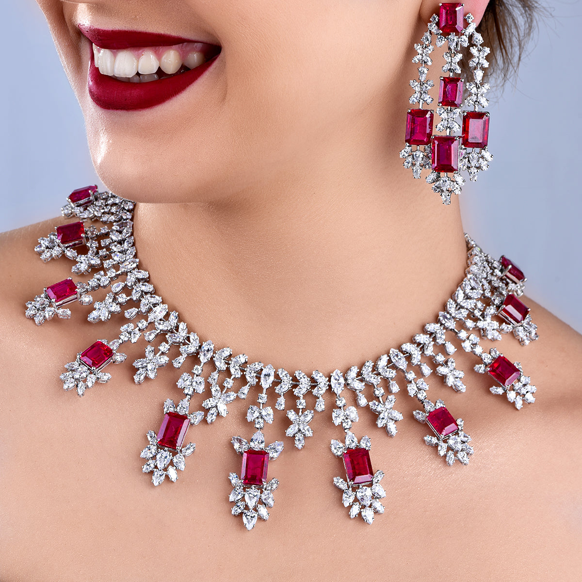 Synthetic Octagon Sahped Ruby And White Swarovski Zirconia Necklace
