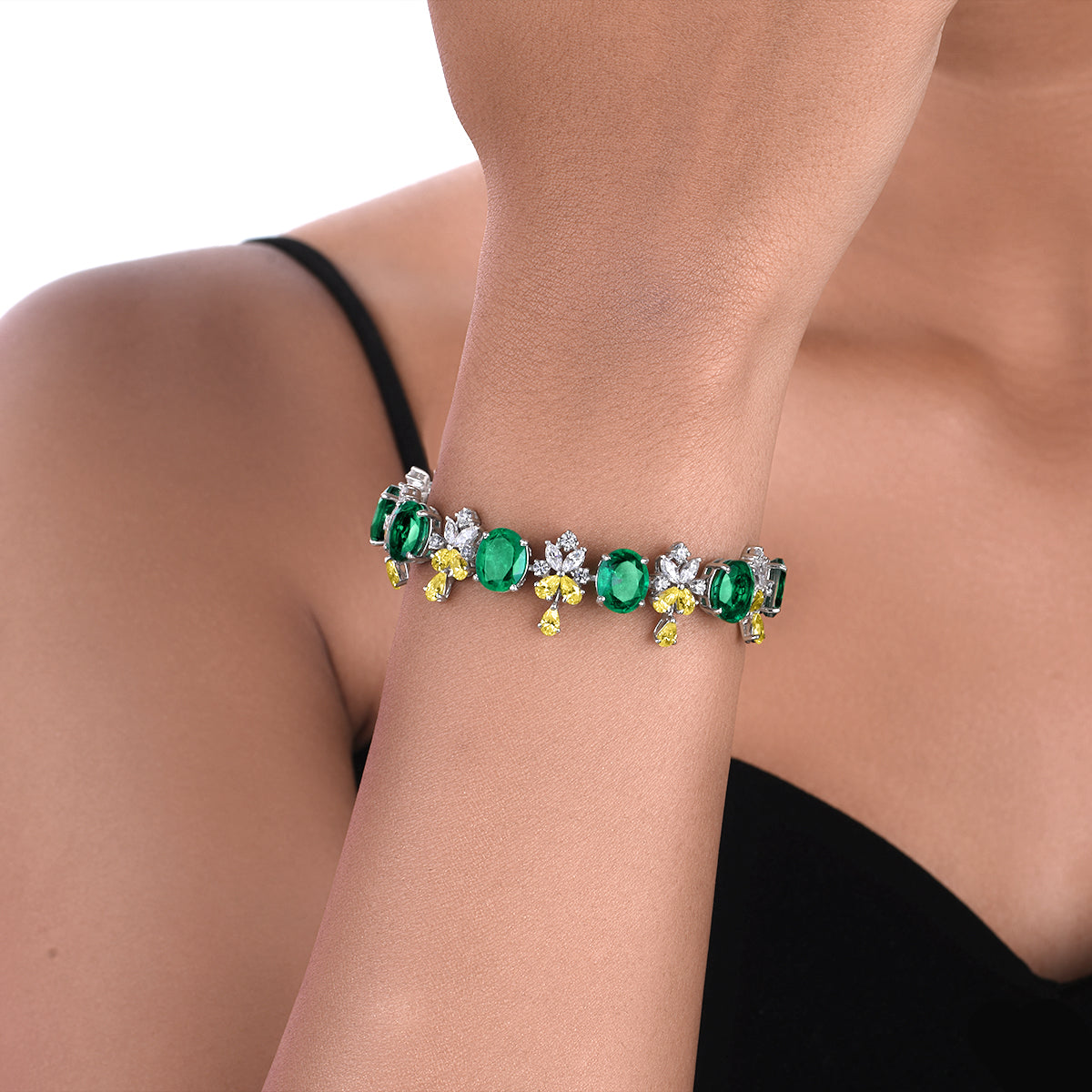 CY Diosa Paris Synthetic Oval Cut Emerald With Yellow And White Swarovski Zirconia Cuff Bracelet Front 1