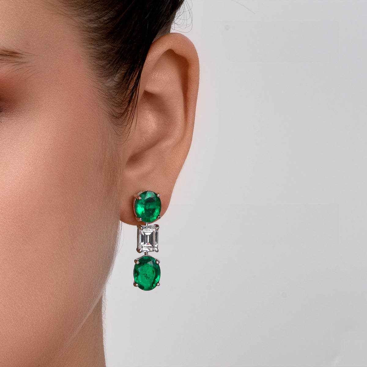 CY Diosa Paris Synthetic Oval Cut Green Emarld Green And White Swarovski Zirconia Earrings Front 1
