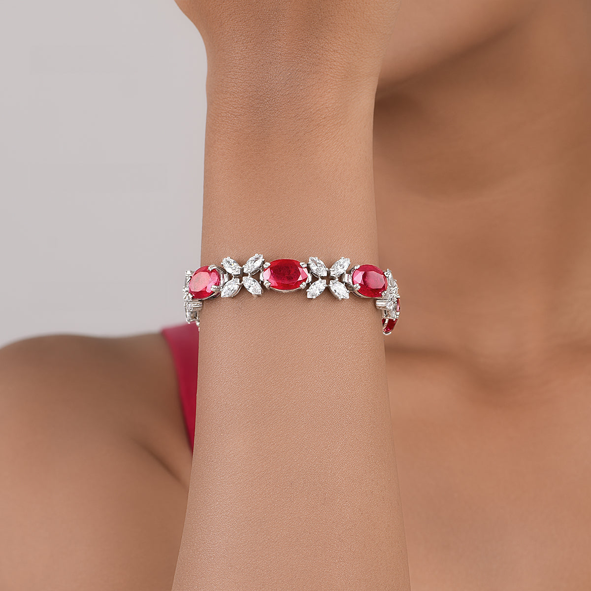 CY Diosa Paris Synthetic Oval Cut Ruby And White Swarovski Zirconia Cuff Bracelet Front 1