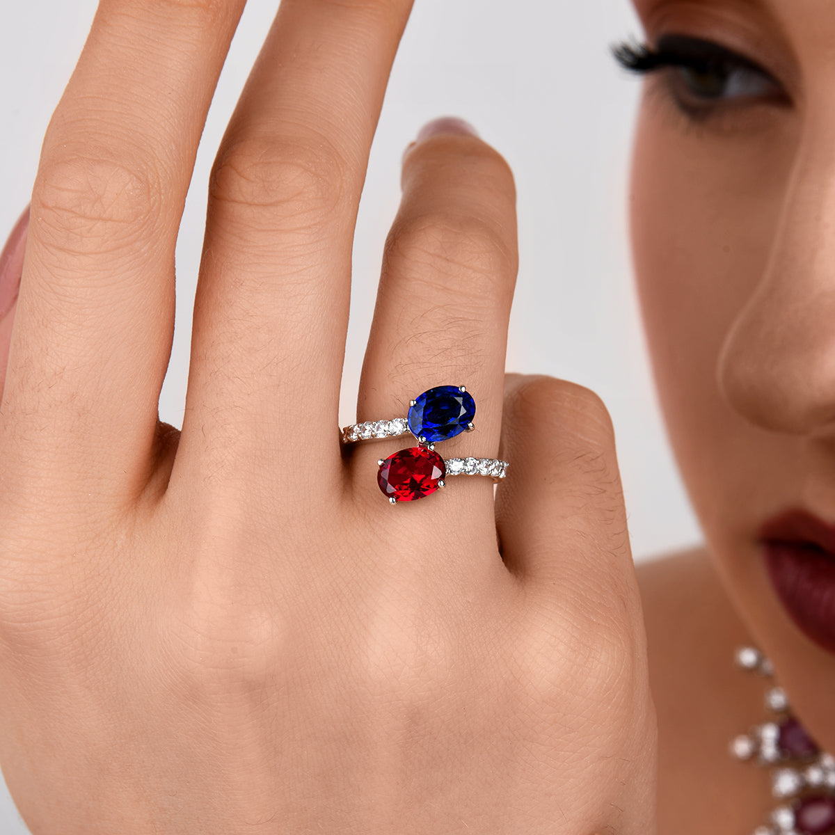 CY Diosa Paris Synthetic Oval Cut Ruby, Sapphire And White Swarovski Zirconia Ring Front 1