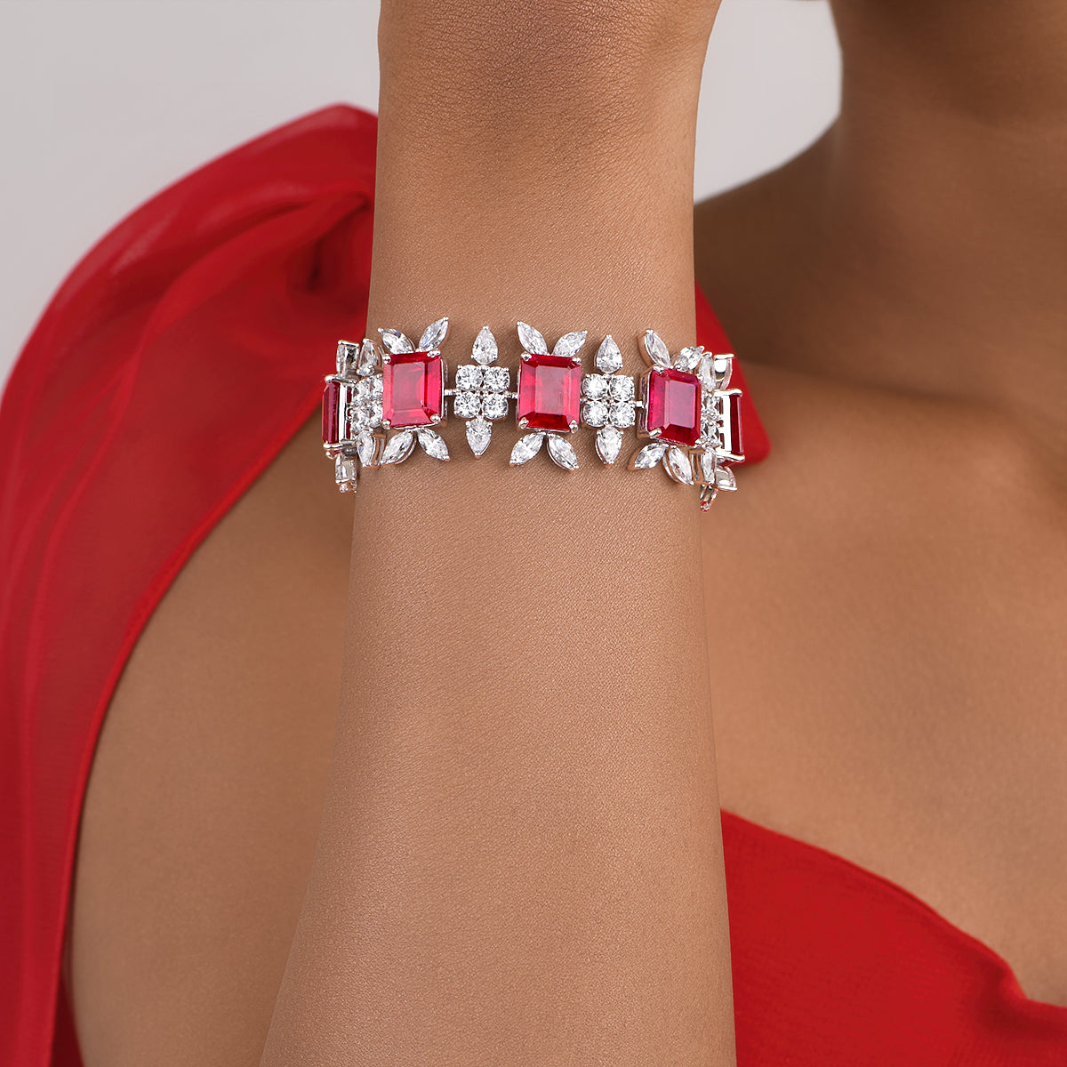 CY Diosa Paris Synthetic Ruby And White Swarovski Zirconia Cuff Bracelet Front 1