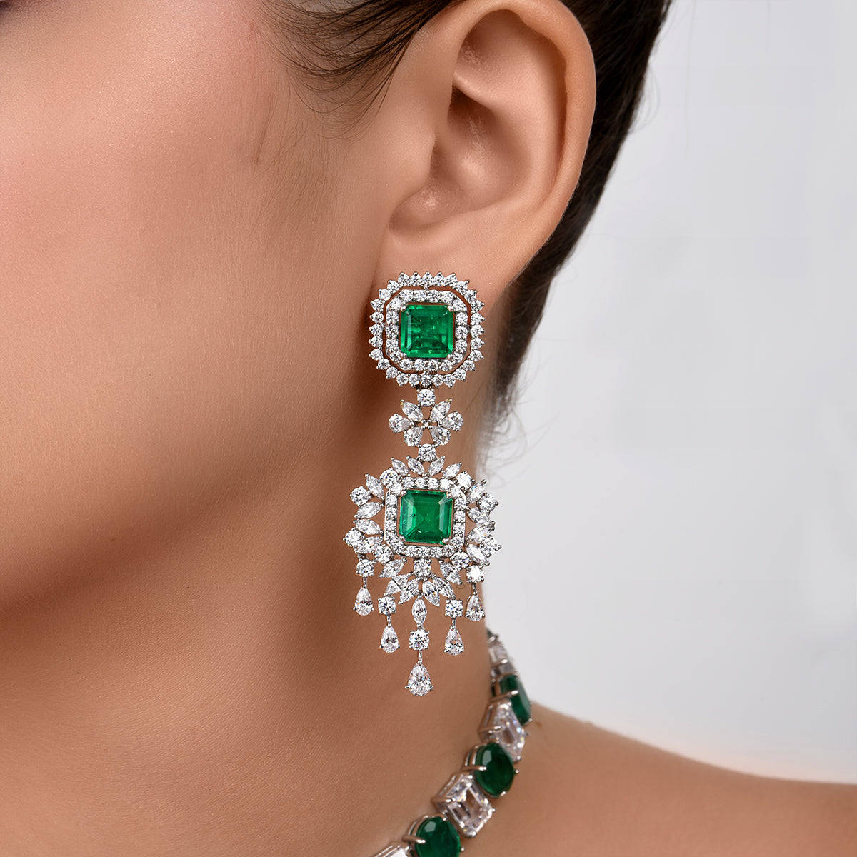 CY Diosa Paris Synthetic Square Cut Green Emerald And White Swarovski Zirconia Earrings Front 1
