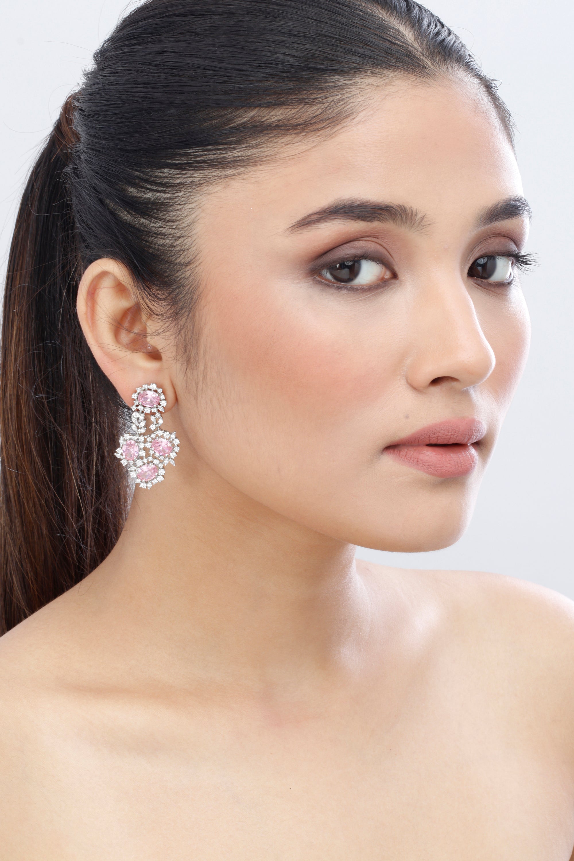 Elegant Earrings Featuring Pink Oval Crystal Danglers
