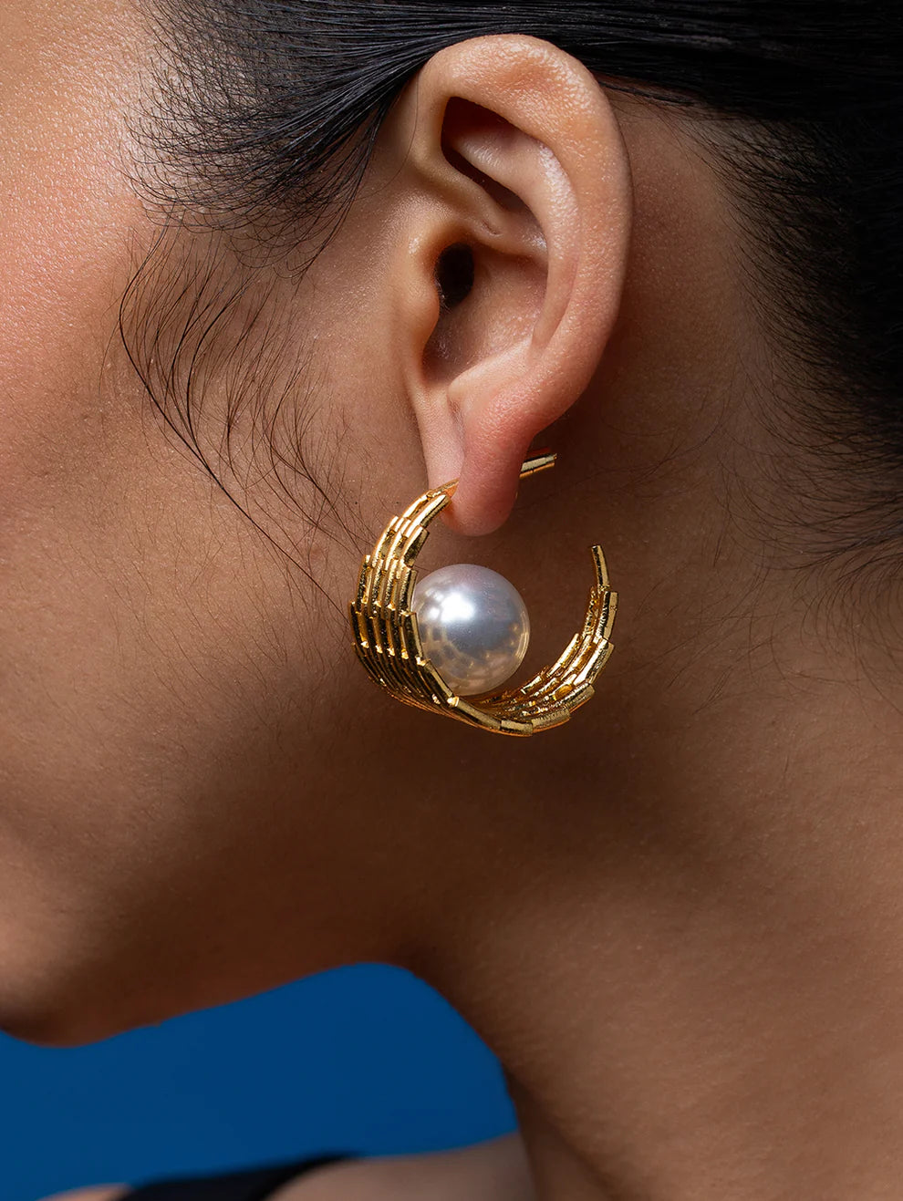 Golden Textured Baroque Pearl Hoops
