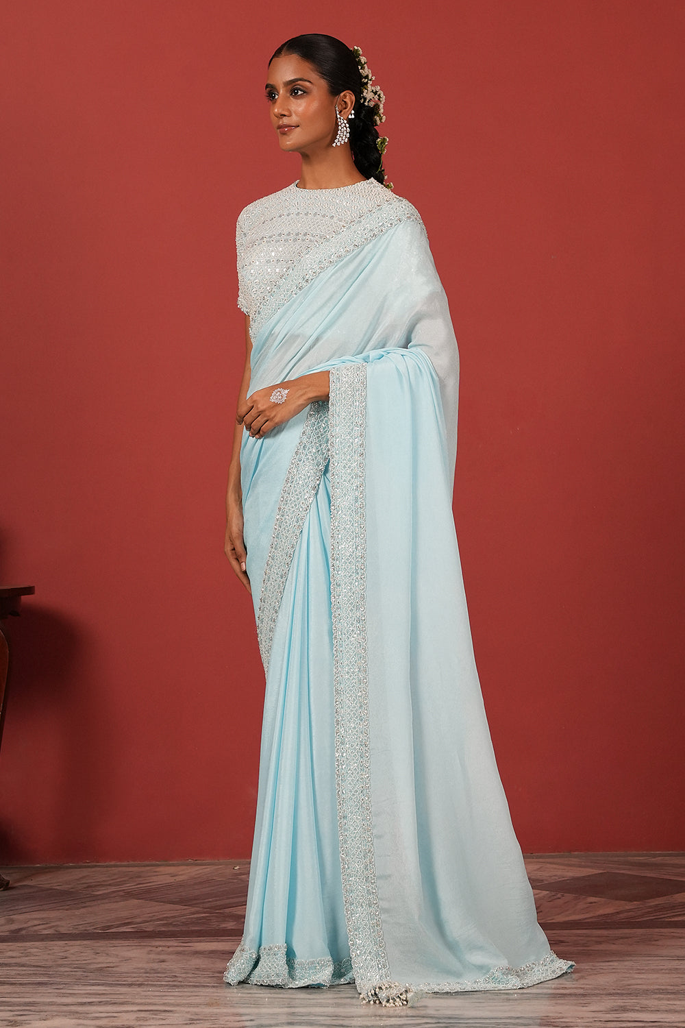 Embroidered Blue Saree Set with Modern Tie-Up Blouse