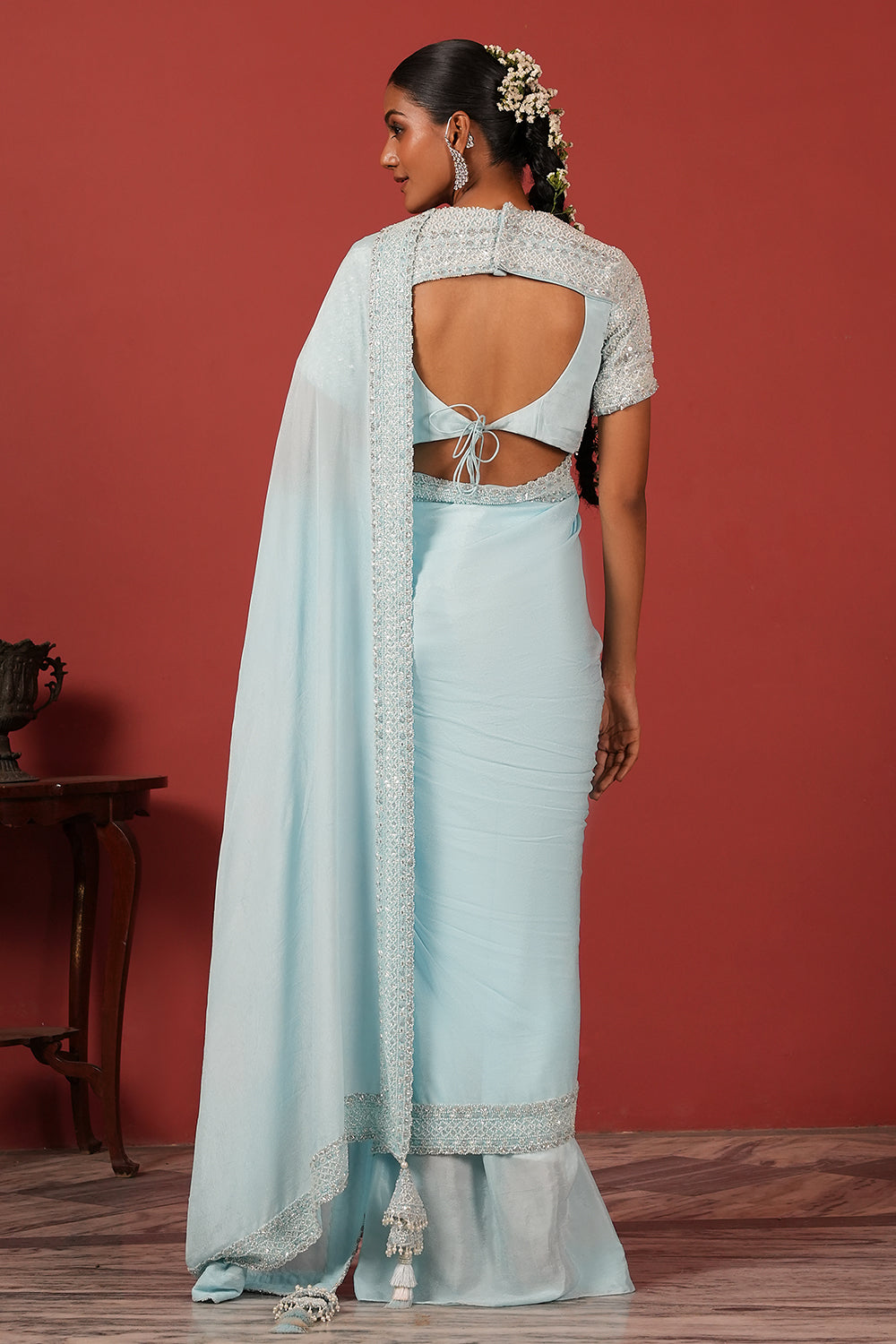 Embroidered Blue Saree Set with Modern Tie-Up Blouse