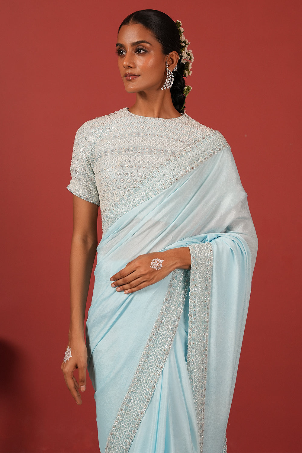 Embroidered Blue Saree Set with Modern Tie-Up Blouse