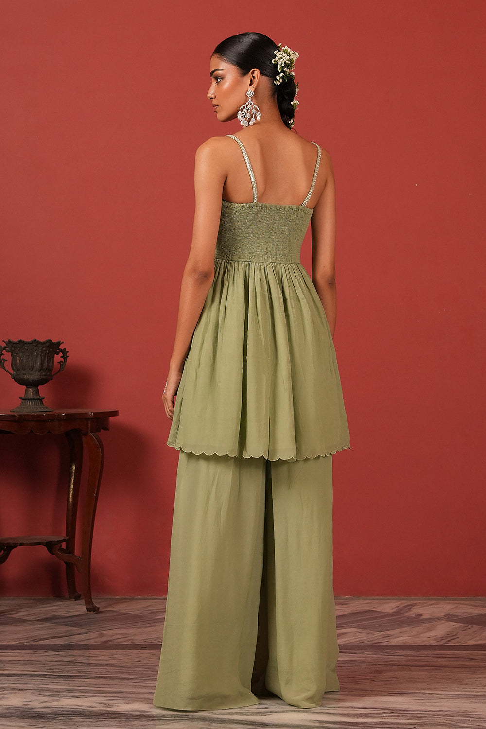 Embroidered Peplum Top & Palazzo Fusion Set