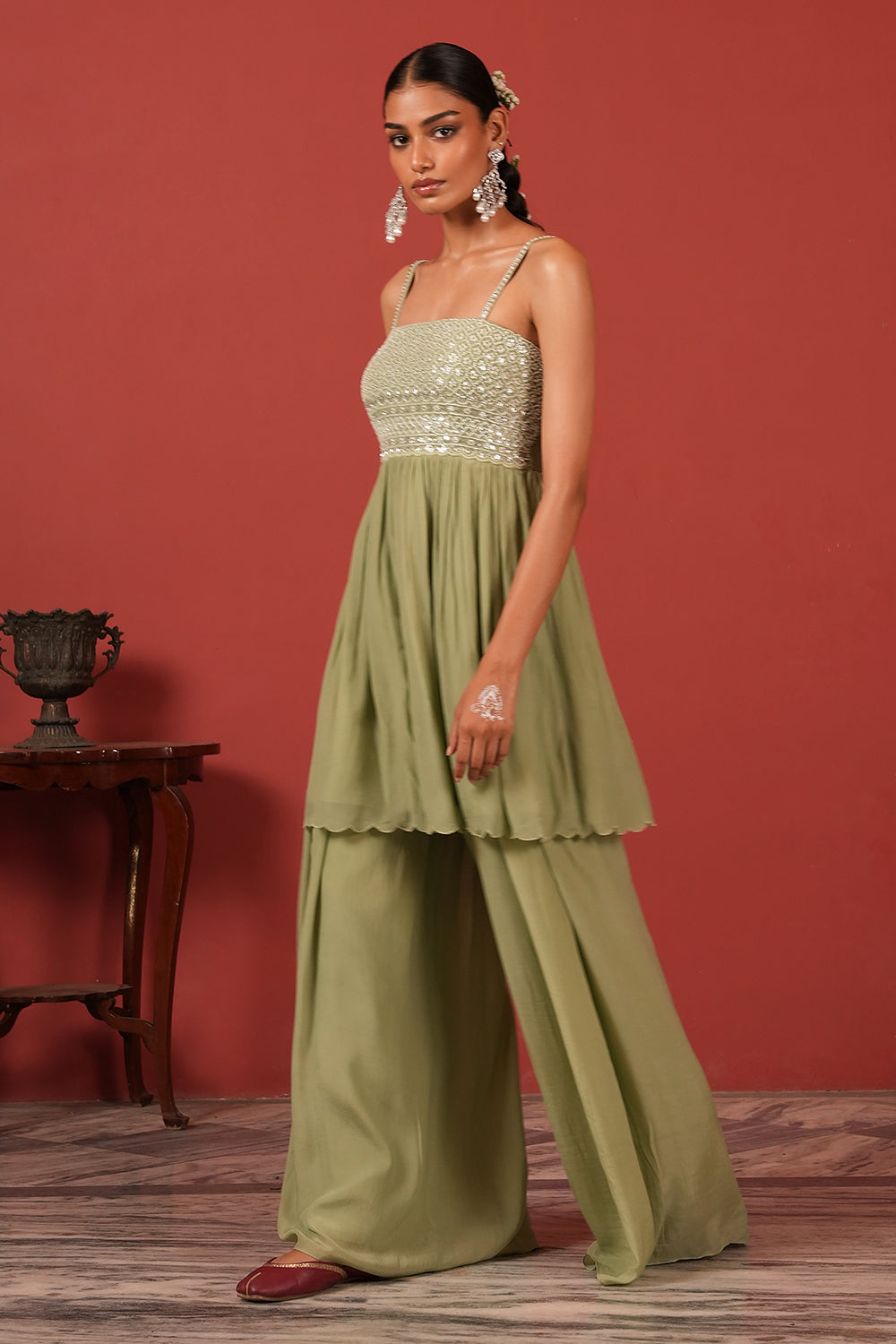 Embroidered Peplum Top & Palazzo Fusion Set