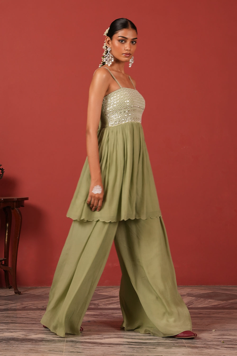 Embroidered Peplum Top & Palazzo Fusion Set