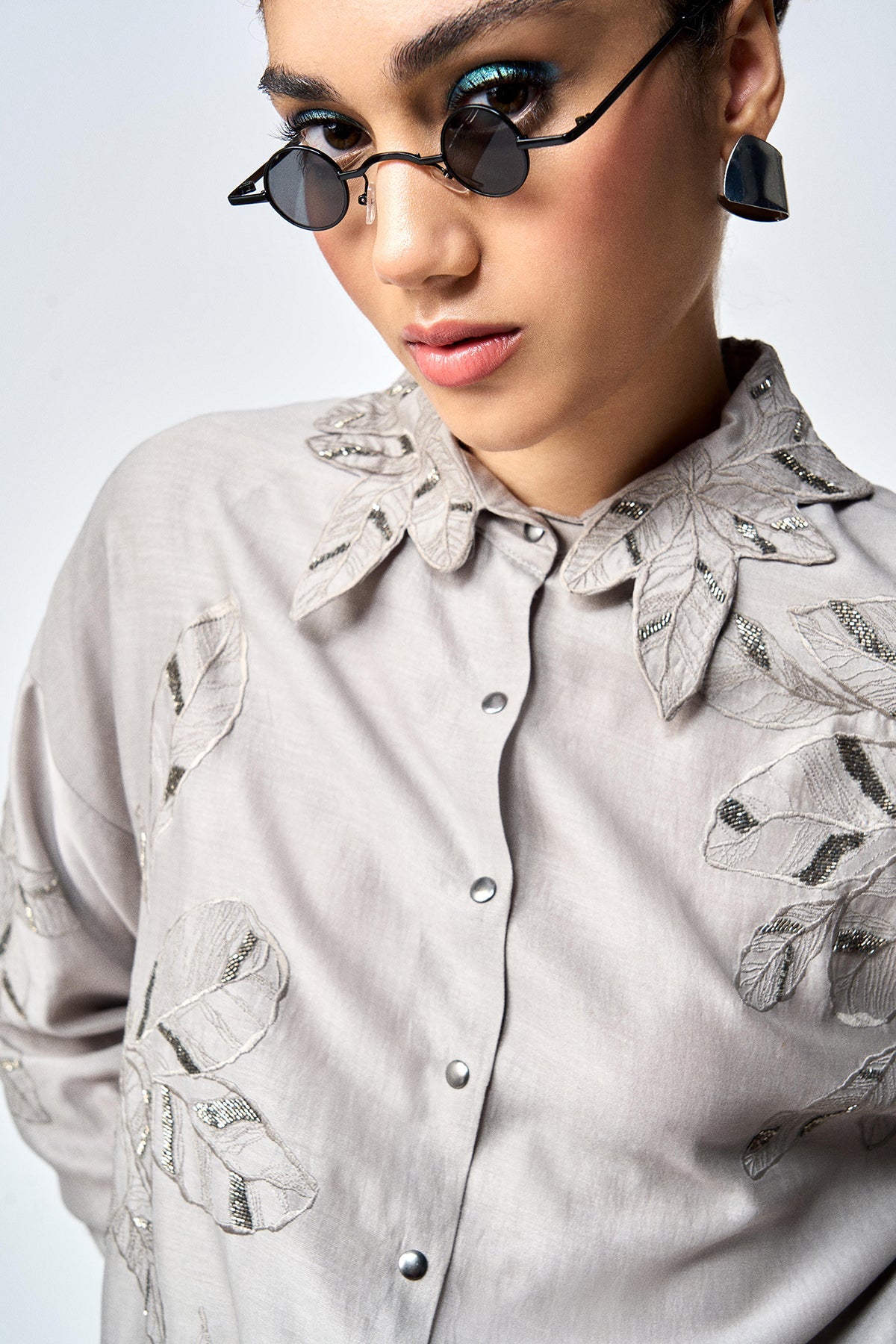 DELICATE LEAVES DROP SHOULDER ASYMMETRIC SHIRT WITH FLARED PANTS